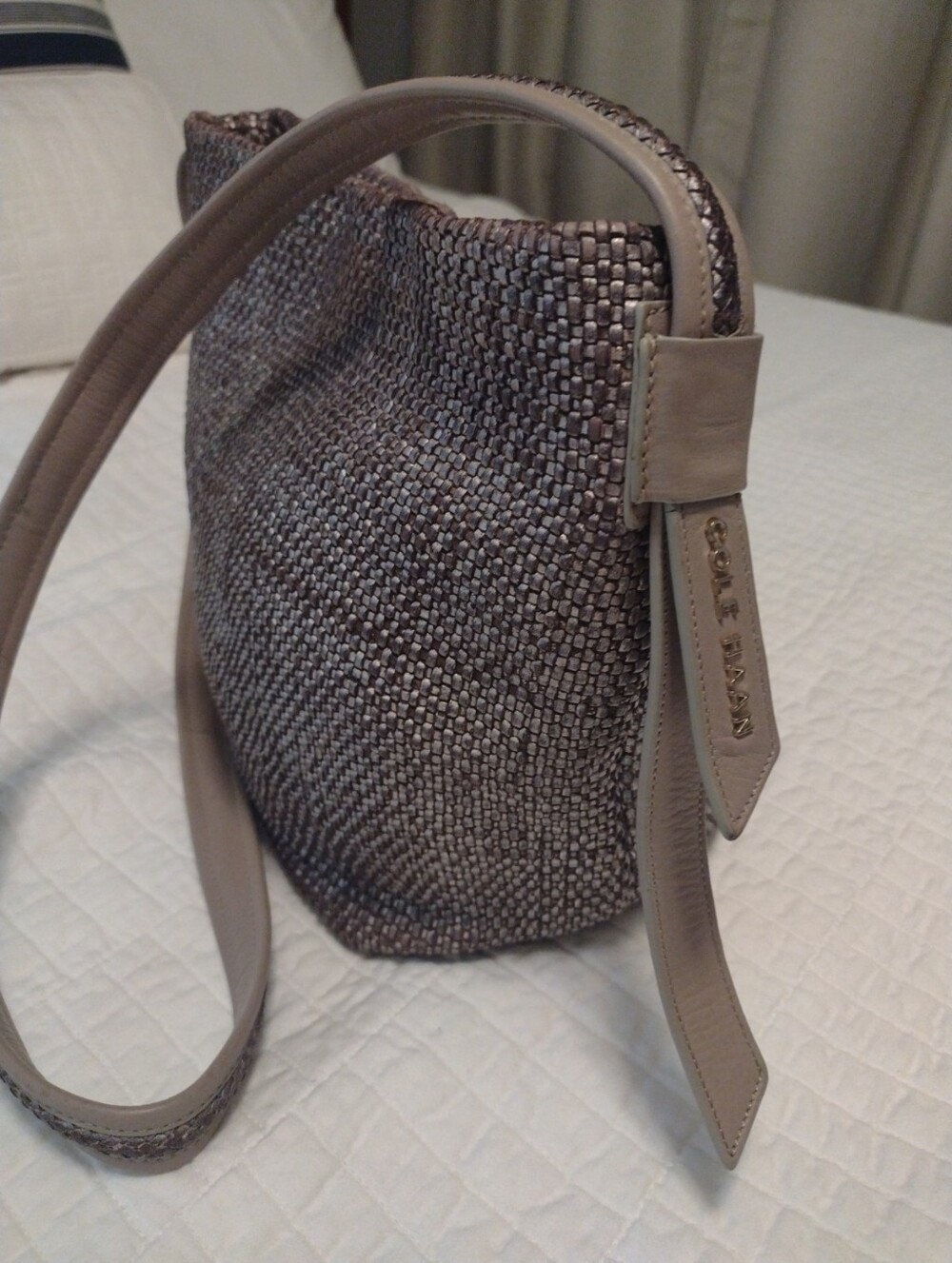 Cole Haan Woven Metallic Taupe Shoulder Crossbody Bag Genuine Leather Adjustable